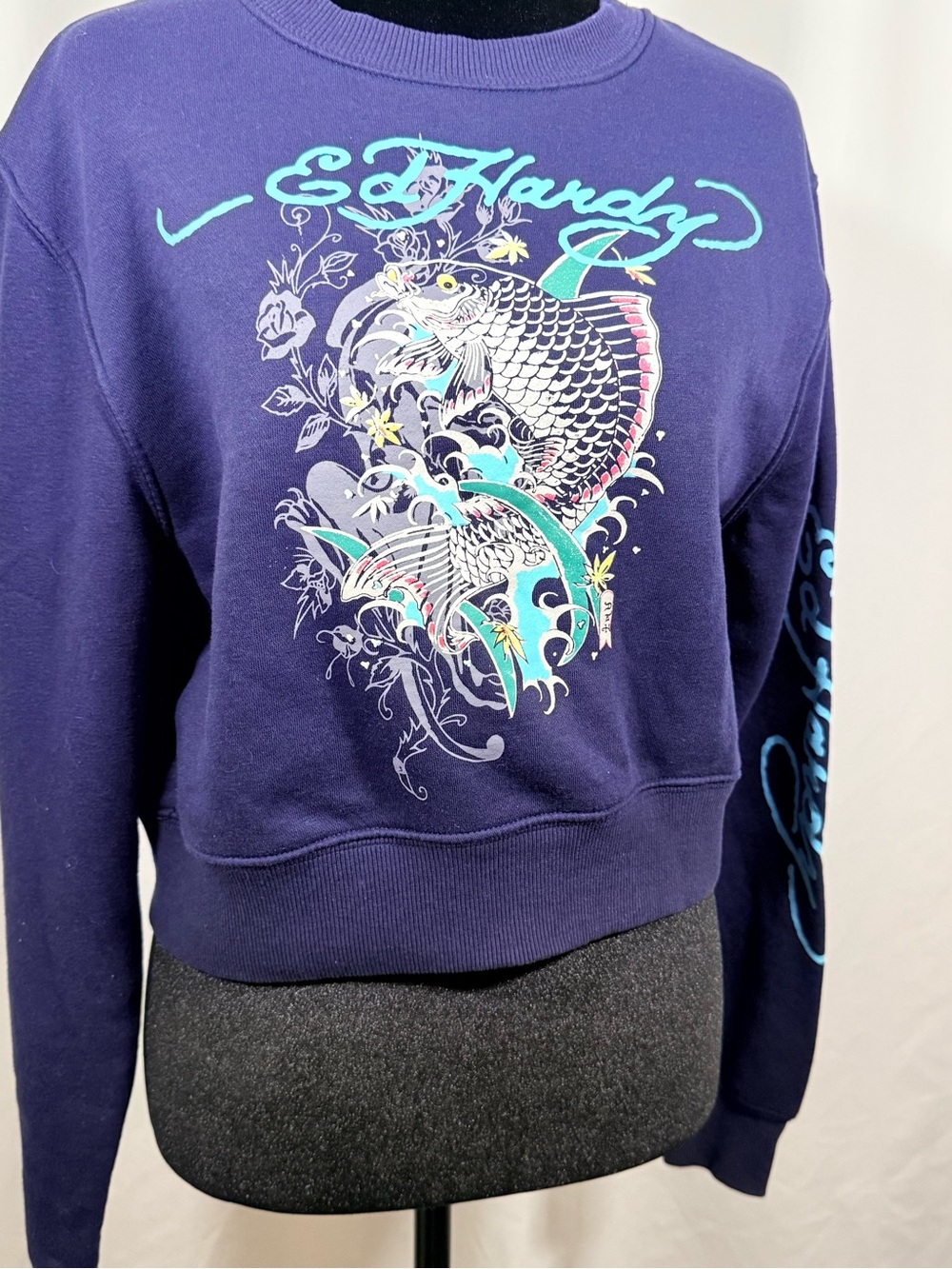 Ed Hardy Women's Blue Graphic Crew Sweatshirt with Koi Motif
